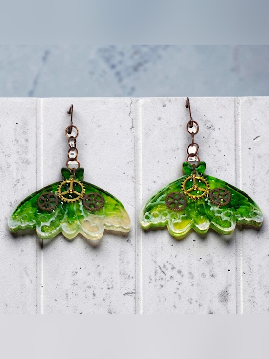 Hand Crafted Jewelry - Steampunk Green Ombre Resin Moth Gear Dangle Earrings